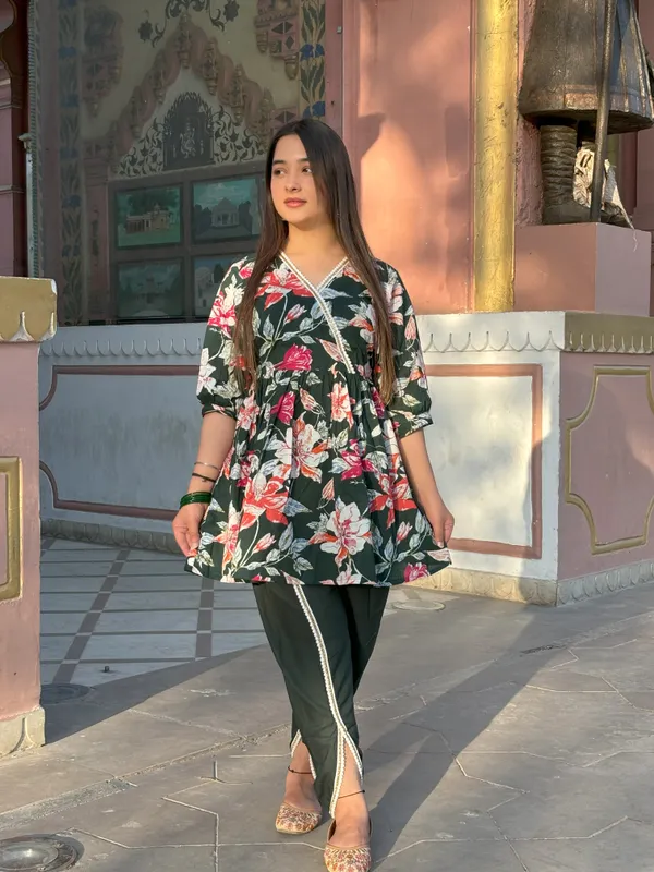 Green_Enchanted_Bloom_Kurti_Set_Luxe_Floral_Fusion_With_Lace_Detailed_Dhoti_For_Women