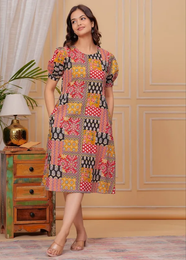 Red_Bohemian_Patchwork_Printed_A_Line_Dress_For_Women