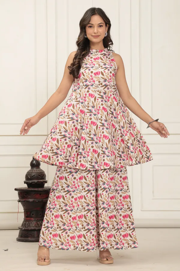 Pink_Verdora_Elegant_Leaf_Print_Sleeveless_Co_Ord_Set_For_Women