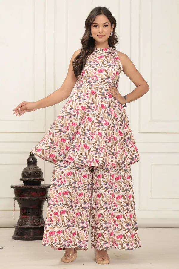 Pink_Verdora_Elegant_Leaf_Print_Sleeveless_Co_Ord_Set_For_Women