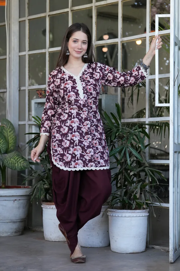 Wine_Printed_Cotton_Kurta_With_Rayon_Dhoti_Set_For_Women