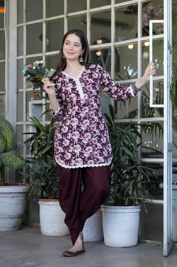 Wine_Printed_Cotton_Kurta_With_Rayon_Dhoti_Set_For_Women