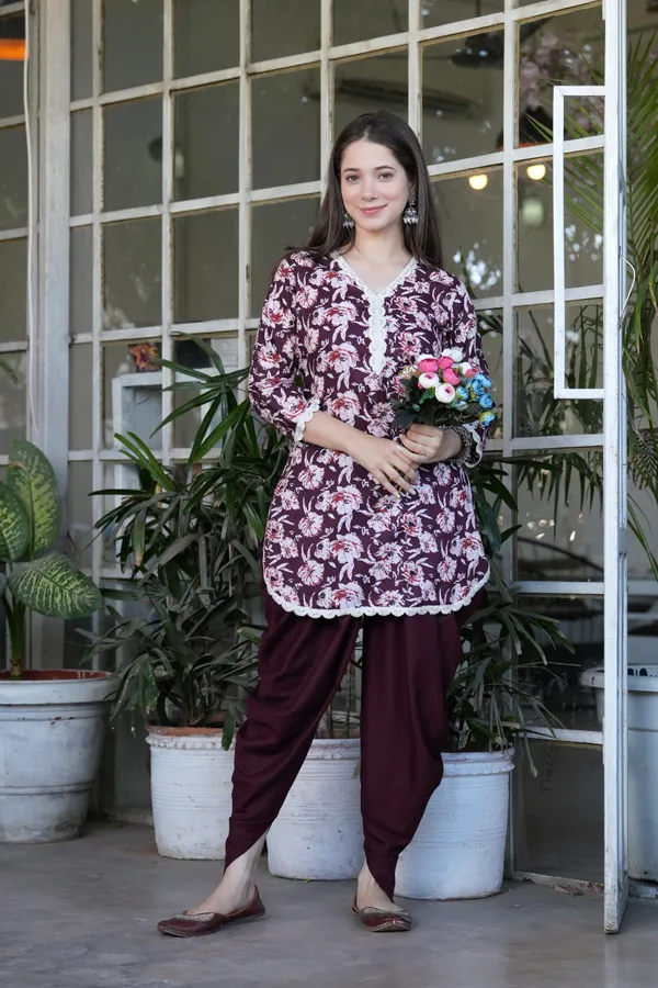 Wine_Printed_Cotton_Kurta_With_Rayon_Dhoti_Set_For_Women