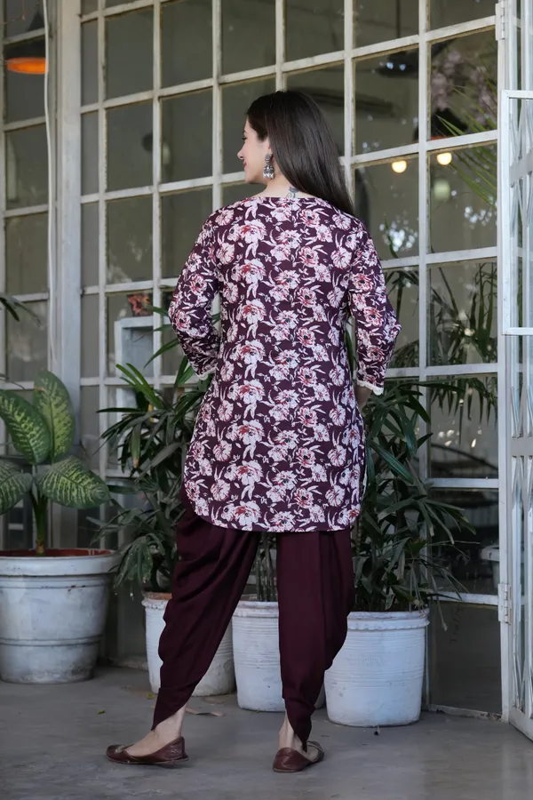 Wine_Printed_Cotton_Kurta_With_Rayon_Dhoti_Set_For_Women