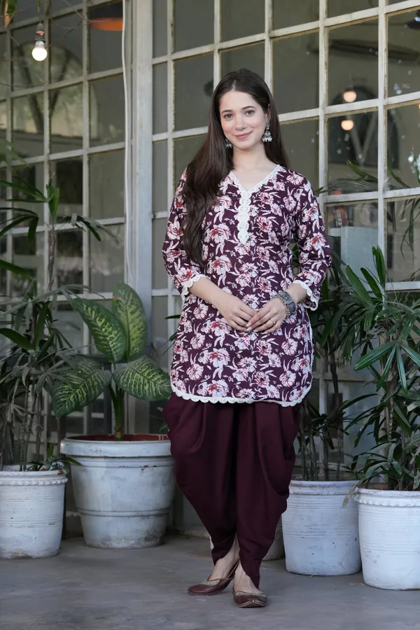 Wine_Printed_Cotton_Kurta_With_Rayon_Dhoti_Set_For_Women