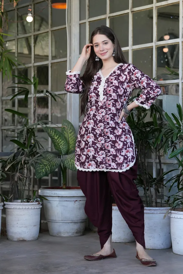 Wine_Printed_Cotton_Kurta_With_Rayon_Dhoti_Set_For_Women