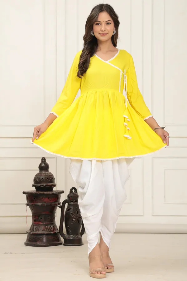 Yellow_Solid_V_Neck_Angrakha_Style_Solid_Dhoti_Kurta_Set_For_Women