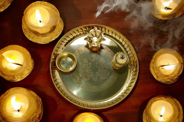 Golden_Festival_Ethnic_Puja_Thali,_Worship_Plate,_Traditional_Hindu_Temple_Decor,_Diwali_Festival_Gift