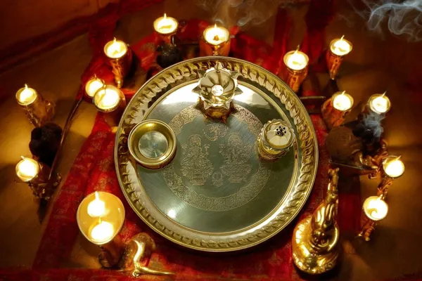 Golden_Festival_Ethnic_Puja_Thali,_Worship_Plate,_Traditional_Hindu_Temple_Decor,_Diwali_Festival_Gift