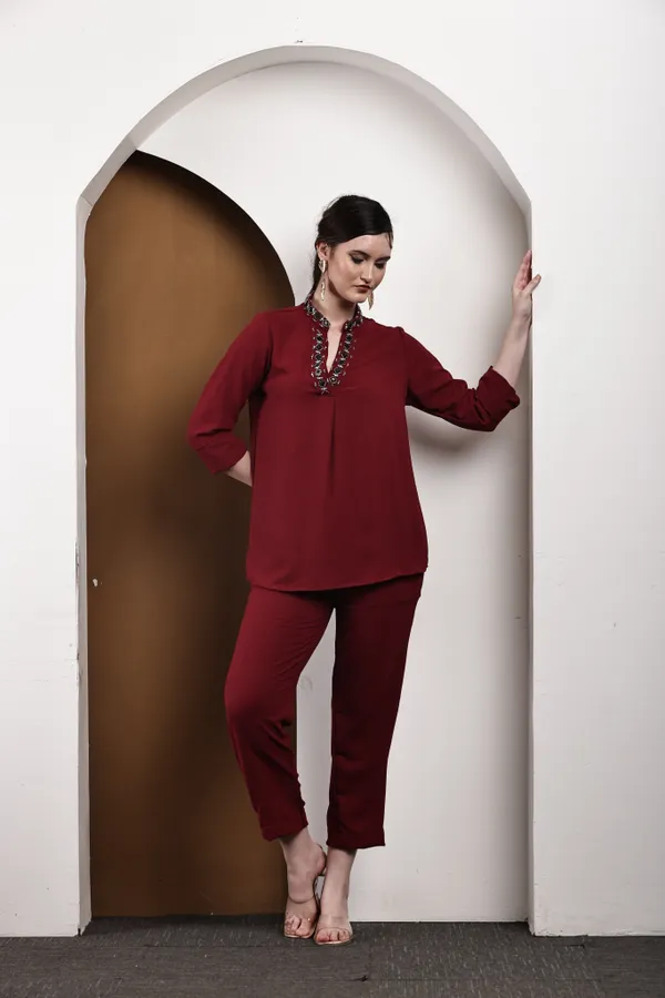 Maroon_Hand-Embroidered_Cotton_Co-Ord_Set_For_Women