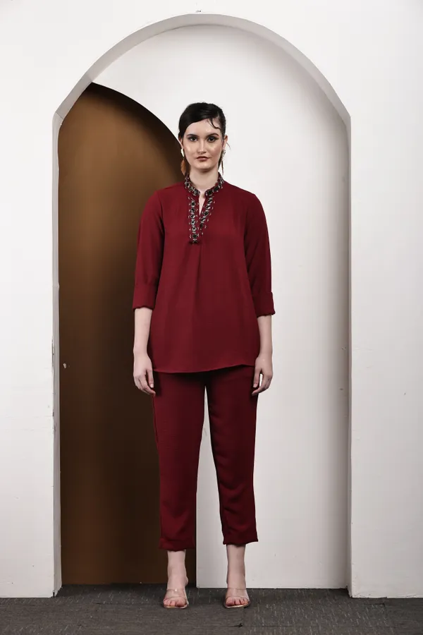 Maroon_Hand-Embroidered_Cotton_Co-Ord_Set_For_Women