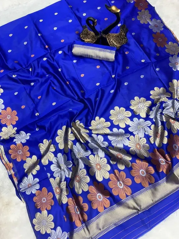 New_Designer_Pure_Soft_Silk_Blue_Saree_With_Copper_and_Gold_Weaving_All_Over_Saree_With_Running_Unstiched_Blouse_Piece