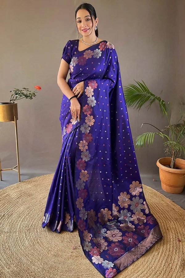 New_Designer_Pure_Soft_Silk_Blue_Saree_With_Copper_and_Gold_Weaving_All_Over_Saree_With_Running_Unstiched_Blouse_Piece