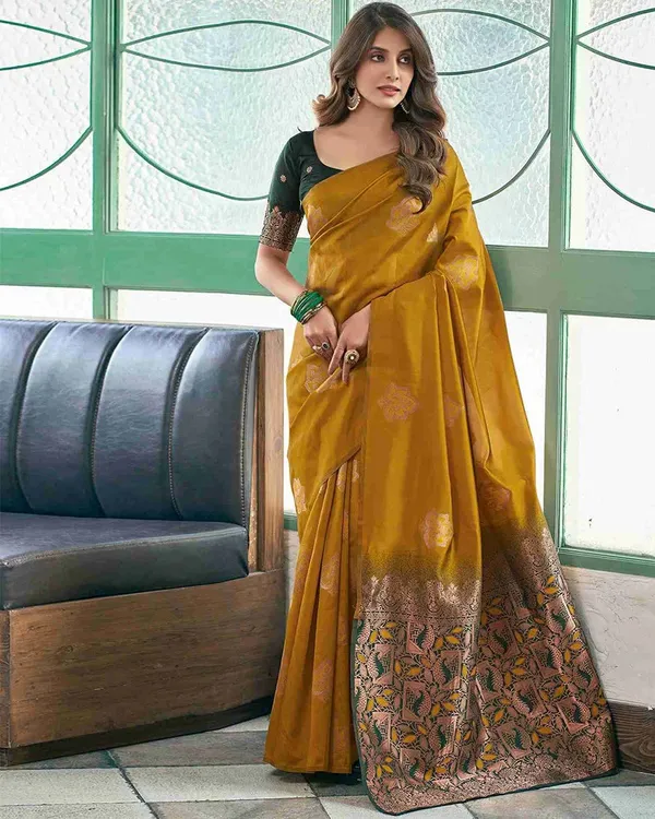 Party_wear_jacquard_yellow_saree