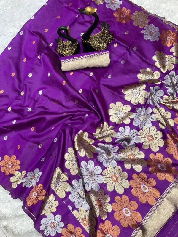 Purple_Floral_printed_Zari_Silk_Blend_Saree