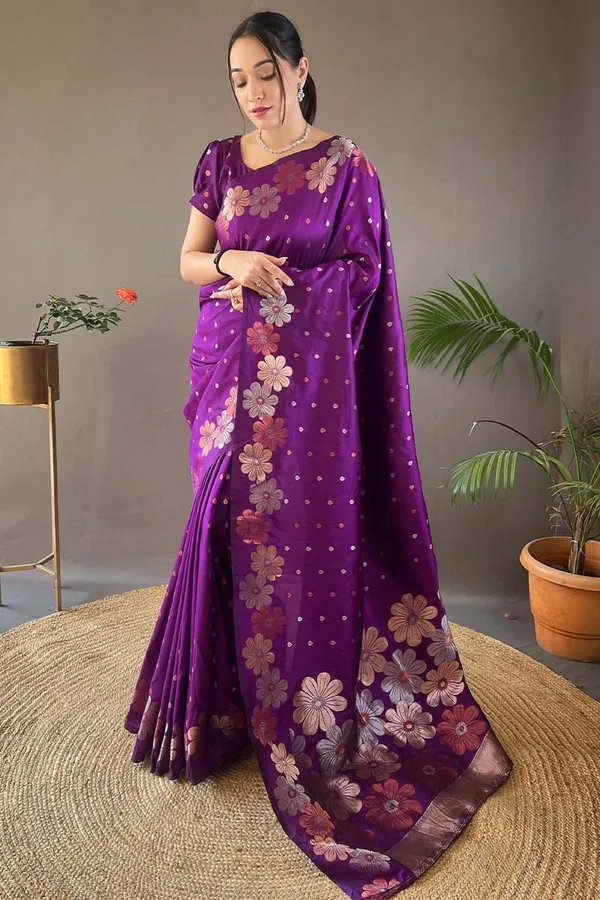 Purple_Floral_printed_Zari_Silk_Blend_Saree