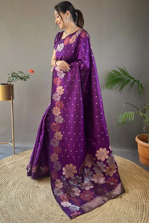 Purple_Floral_printed_Zari_Silk_Blend_Saree