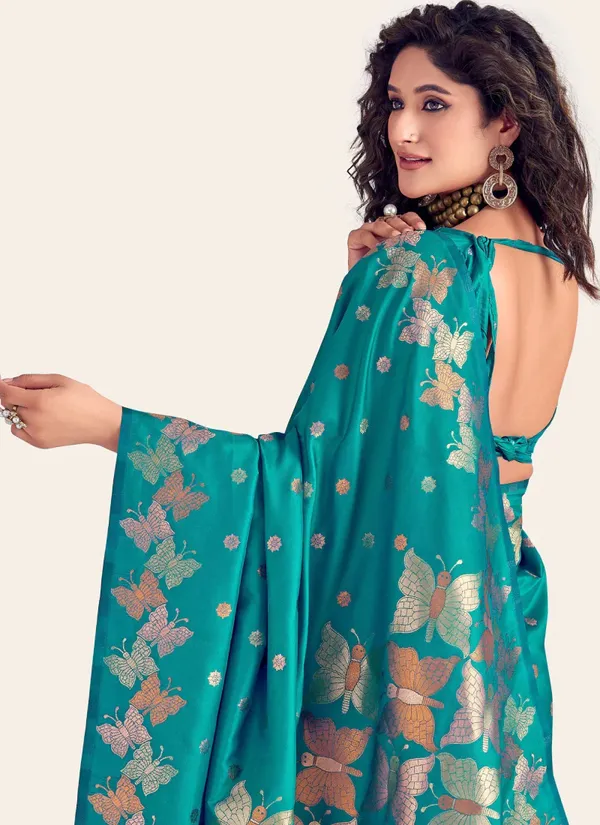 Turquoise_banarasi_silk_blend_saree_with_unstitched_blouse