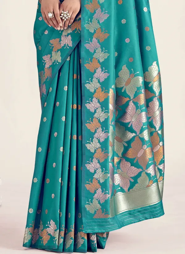 Turquoise_banarasi_silk_blend_saree_with_unstitched_blouse