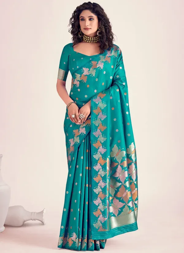 Turquoise_banarasi_silk_blend_saree_with_unstitched_blouse