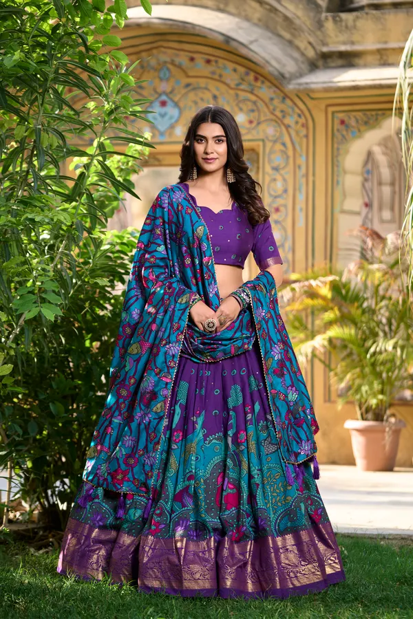 Infuse_Your_Wardrobe_with_Southern_Grace�Tussar_Silk_Kalamkari_Print_Lehenga_Choli_Featuring_a_Sophisticated_Foil_Work_Border