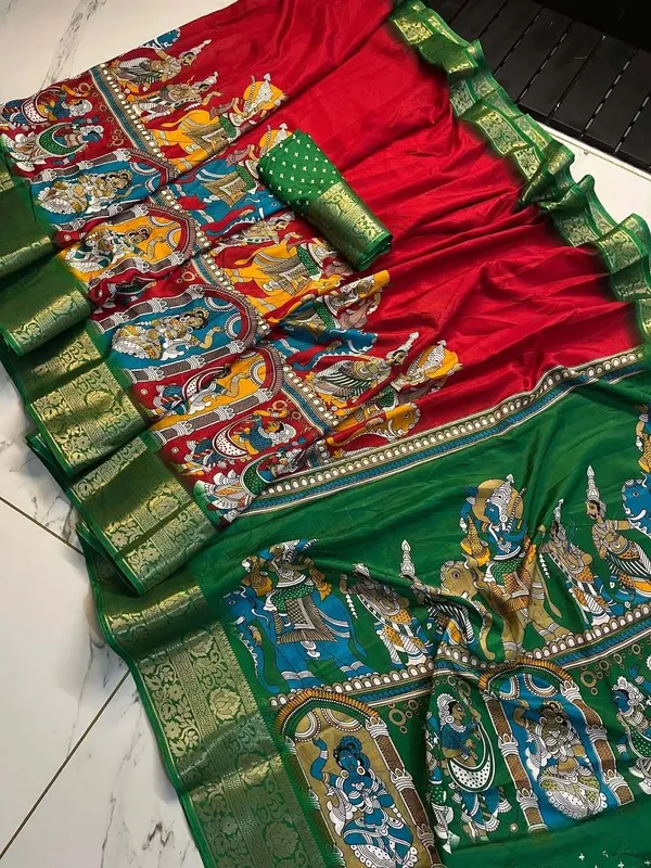Premium_Dola_Silk_Saree_with_Traditional_Kalmkari-Style_Motif
