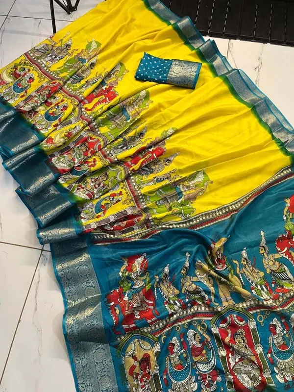 Premium_Dola_Silk_Saree_with_Traditional_Kalmkari-Style_Motif