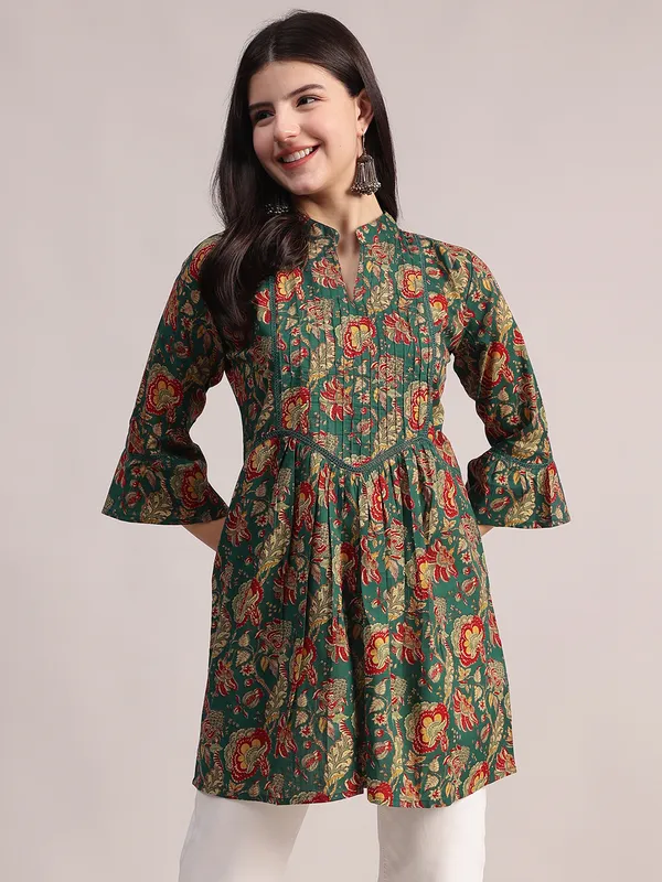 Green_Ethnic_Floral_Printed_Tunic_-_With_Red_&_Gold_Accents,_Pin-Tucked_Front,_And_Flared_Hem_For_Women