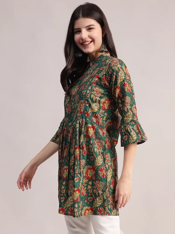 Green_Ethnic_Floral_Printed_Tunic_-_With_Red_&_Gold_Accents,_Pin-Tucked_Front,_And_Flared_Hem_For_Women