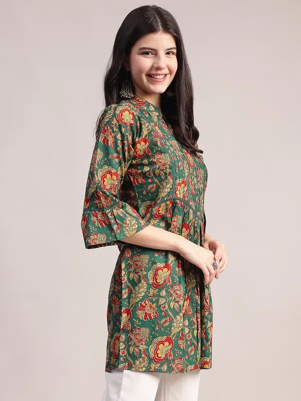 Green_Ethnic_Floral_Printed_Tunic_-_With_Red_&_Gold_Accents,_Pin-Tucked_Front,_And_Flared_Hem_For_Women