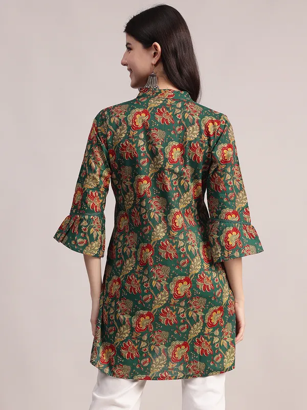 Green_Ethnic_Floral_Printed_Tunic_-_With_Red_&_Gold_Accents,_Pin-Tucked_Front,_And_Flared_Hem_For_Women