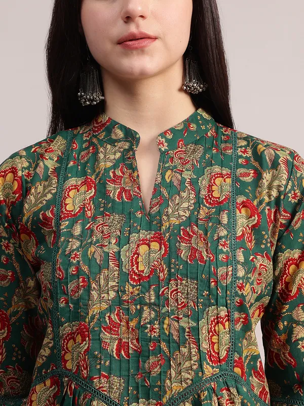 Green_Ethnic_Floral_Printed_Tunic_-_With_Red_&_Gold_Accents,_Pin-Tucked_Front,_And_Flared_Hem_For_Women