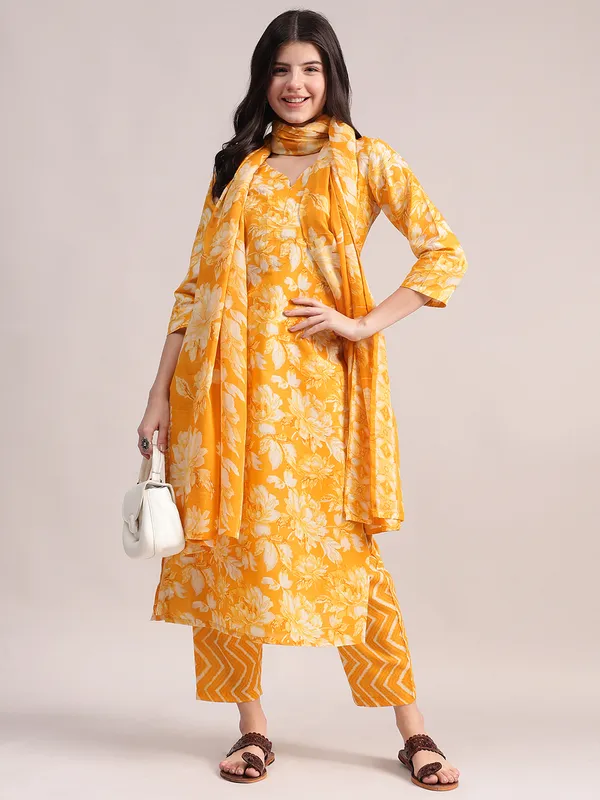 Mustard_Yellow_Floral_Printed_Kurta_With_Chevron_Printed_Pants_&_Dupatta_Set_For_Women__|_Premium_Kurta_Set_For_Daily_Wear