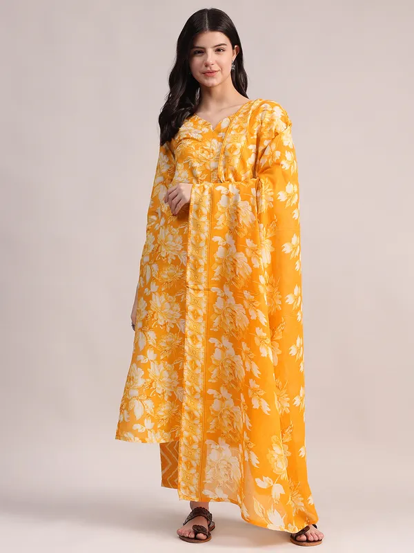 Mustard_Yellow_Floral_Printed_Kurta_With_Chevron_Printed_Pants_&_Dupatta_Set_For_Women__|_Premium_Kurta_Set_For_Daily_Wear