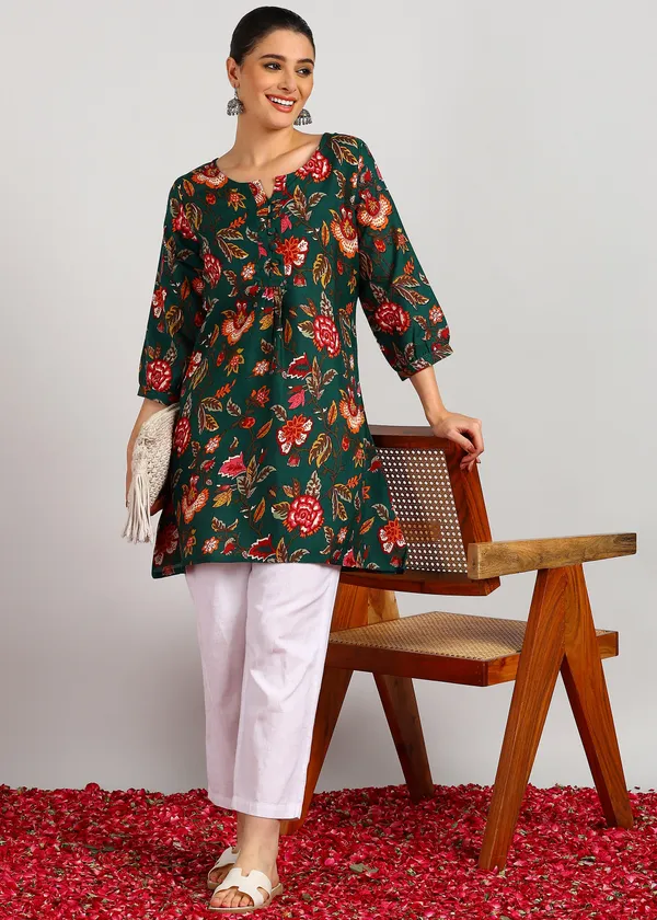 Green_Floral_Printed_Flared_Tunic_For_Women