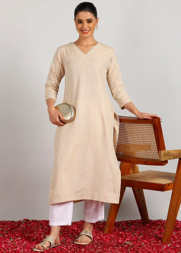 Beige_Woven_Stripped_V-Neck_Kurta__For_Women