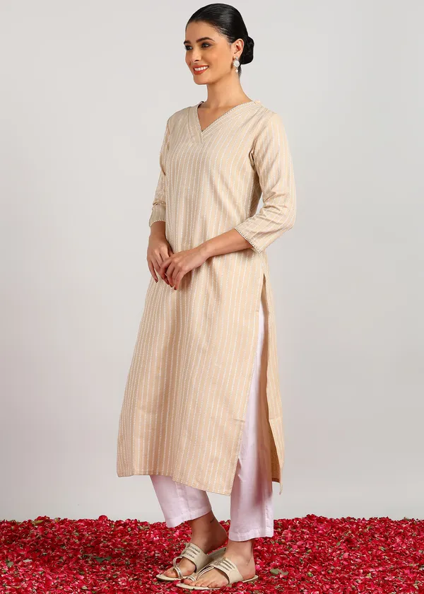 Beige_Woven_Stripped_V-Neck_Kurta__For_Women
