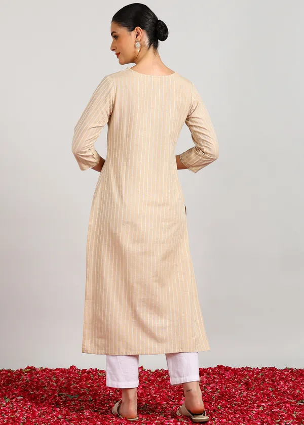 Beige_Woven_Stripped_V-Neck_Kurta__For_Women