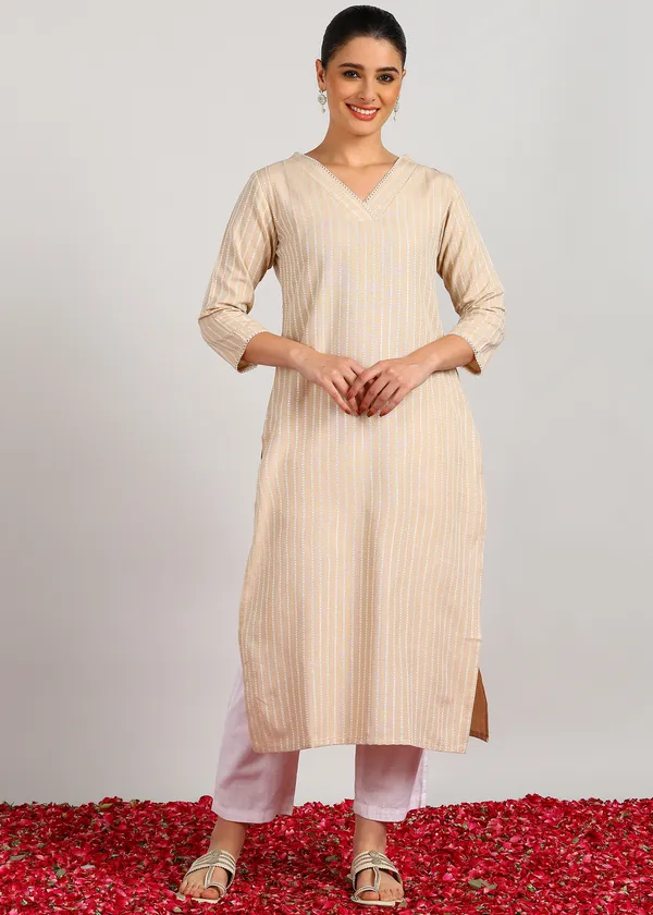 Beige_Woven_Stripped_V-Neck_Kurta__For_Women