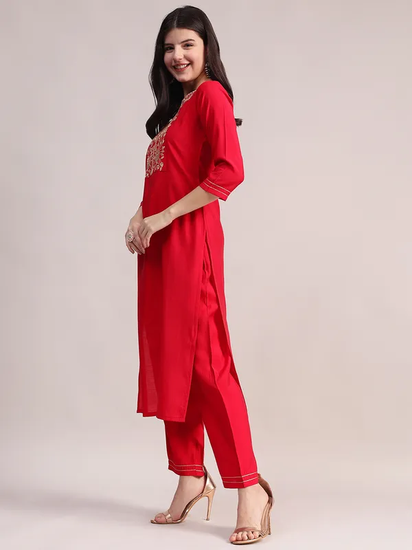 Red_Embroidered_Roman_Silk_Kurta,_Palazzo_&_Organza_Dupatta_Set_For_Women