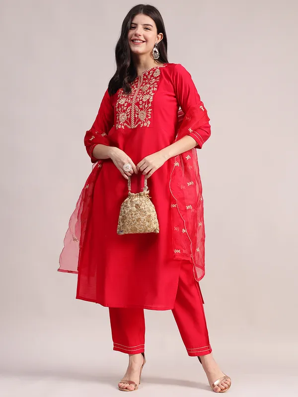 Red_Embroidered_Roman_Silk_Kurta,_Palazzo_&_Organza_Dupatta_Set_For_Women