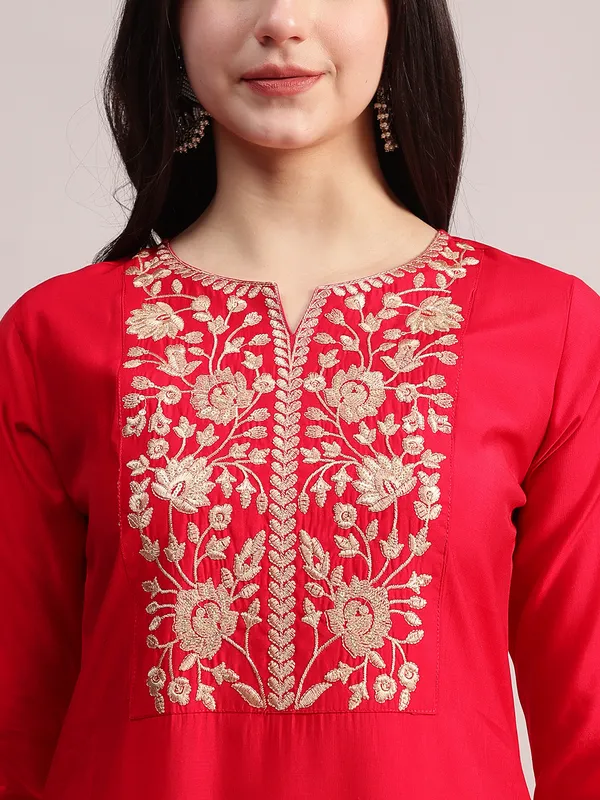 Red_Embroidered_Roman_Silk_Kurta,_Palazzo_&_Organza_Dupatta_Set_For_Women