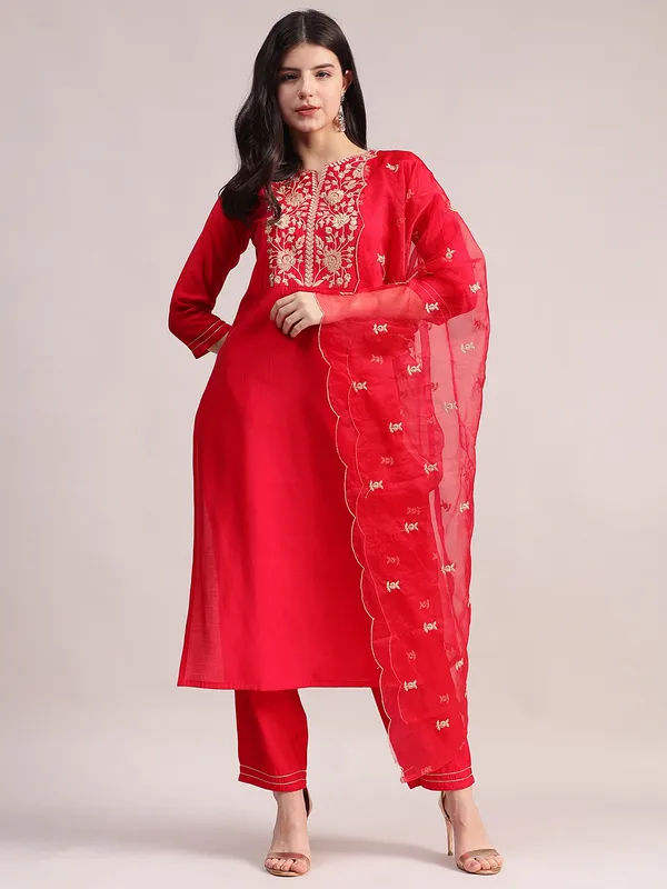 Red_Embroidered_Roman_Silk_Kurta,_Palazzo_&_Organza_Dupatta_Set_For_Women