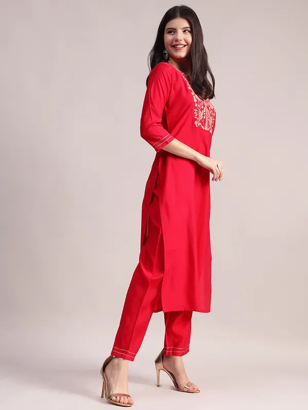 Red_Embroidered_Roman_Silk_Kurta,_Palazzo_&_Organza_Dupatta_Set_For_Women