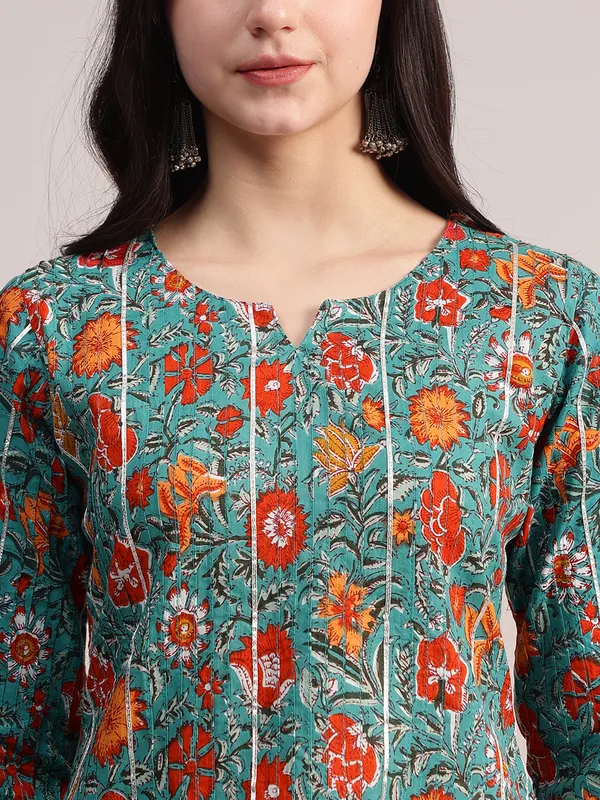 Teal_Green_Cotton_A-Line_Tunic_With_Red_Floral_Print_And_All-Over_Pintuck_Details_For_Women