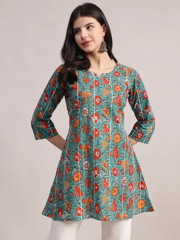 Teal_Green_Cotton_A-Line_Tunic_With_Red_Floral_Print_And_All-Over_Pintuck_Details_For_Women