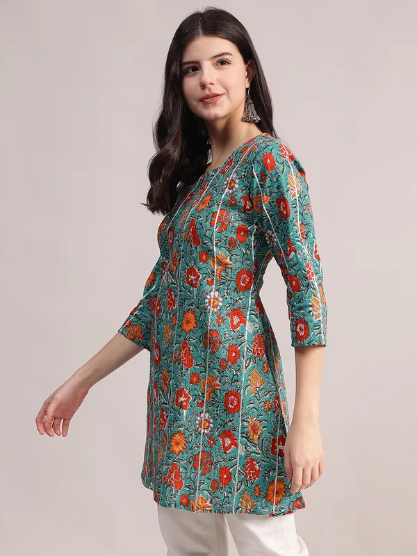Teal_Green_Cotton_A-Line_Tunic_With_Red_Floral_Print_And_All-Over_Pintuck_Details_For_Women