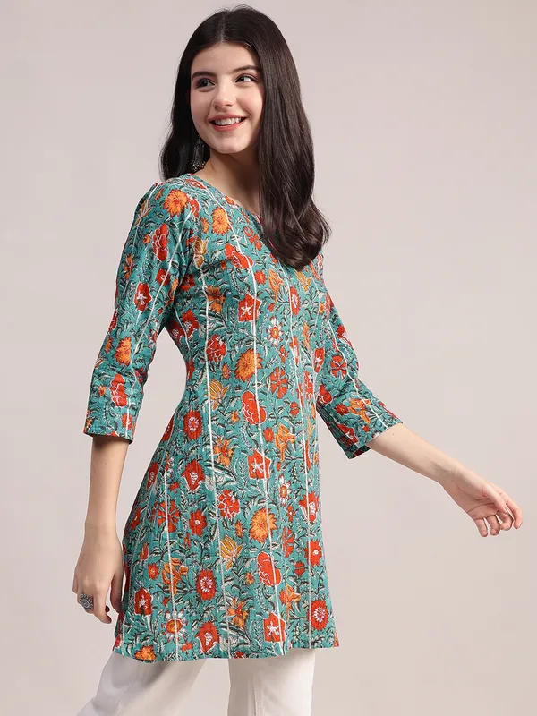 Teal_Green_Cotton_A-Line_Tunic_With_Red_Floral_Print_And_All-Over_Pintuck_Details_For_Women