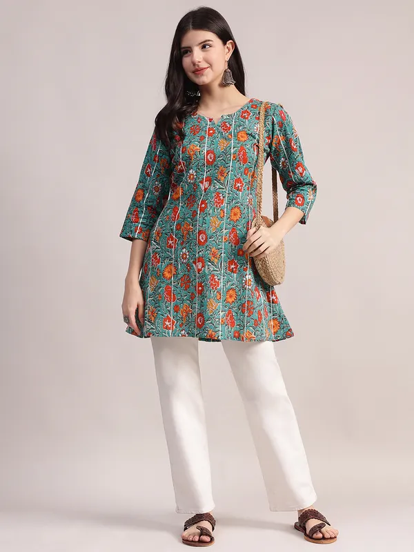 Teal_Green_Cotton_A-Line_Tunic_With_Red_Floral_Print_And_All-Over_Pintuck_Details_For_Women