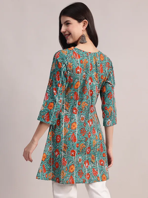 Teal_Green_Cotton_A-Line_Tunic_With_Red_Floral_Print_And_All-Over_Pintuck_Details_For_Women